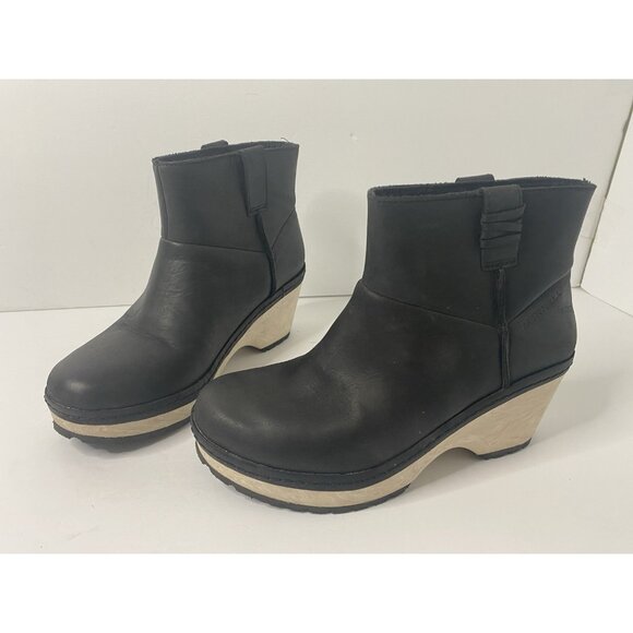 Merrell Womens Size 6.5 HALENDI BLUFF Black Leather Ankle Boots Wedge Heel Shoes - Picture 1 of 8